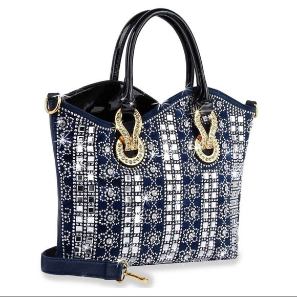 Glamorous Blue Rhinestone Studded Bling Handbag Purse - Picture 3 of 7